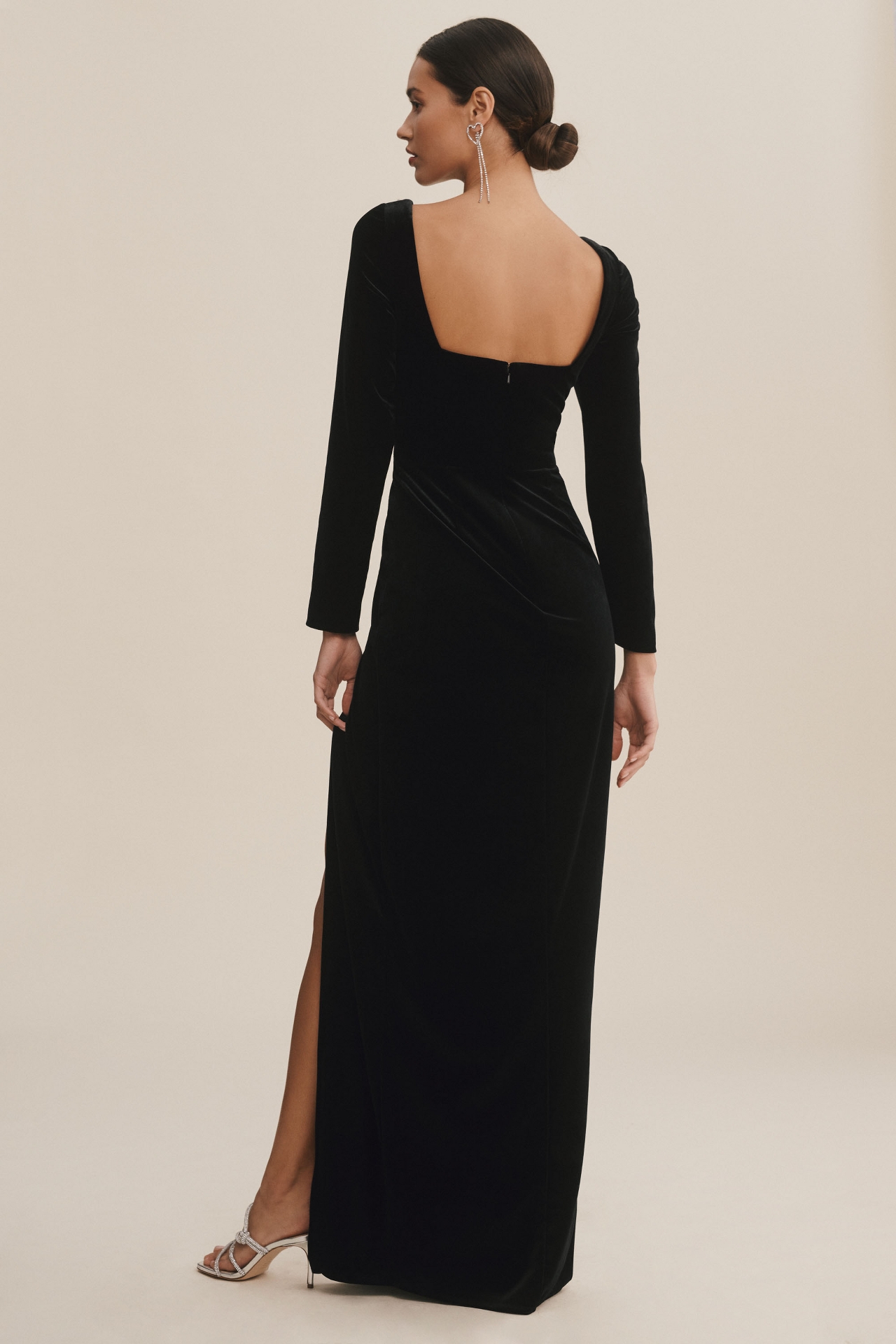 Jenny Yoo Rachel Square-Neck Long-Sleeve Side-Slit Stretch Velvet Gown