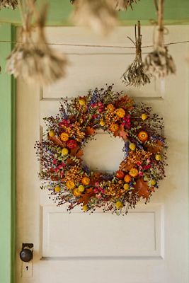 Preserved Flax, Daisy, Strawflower + Amaranthus Wreath