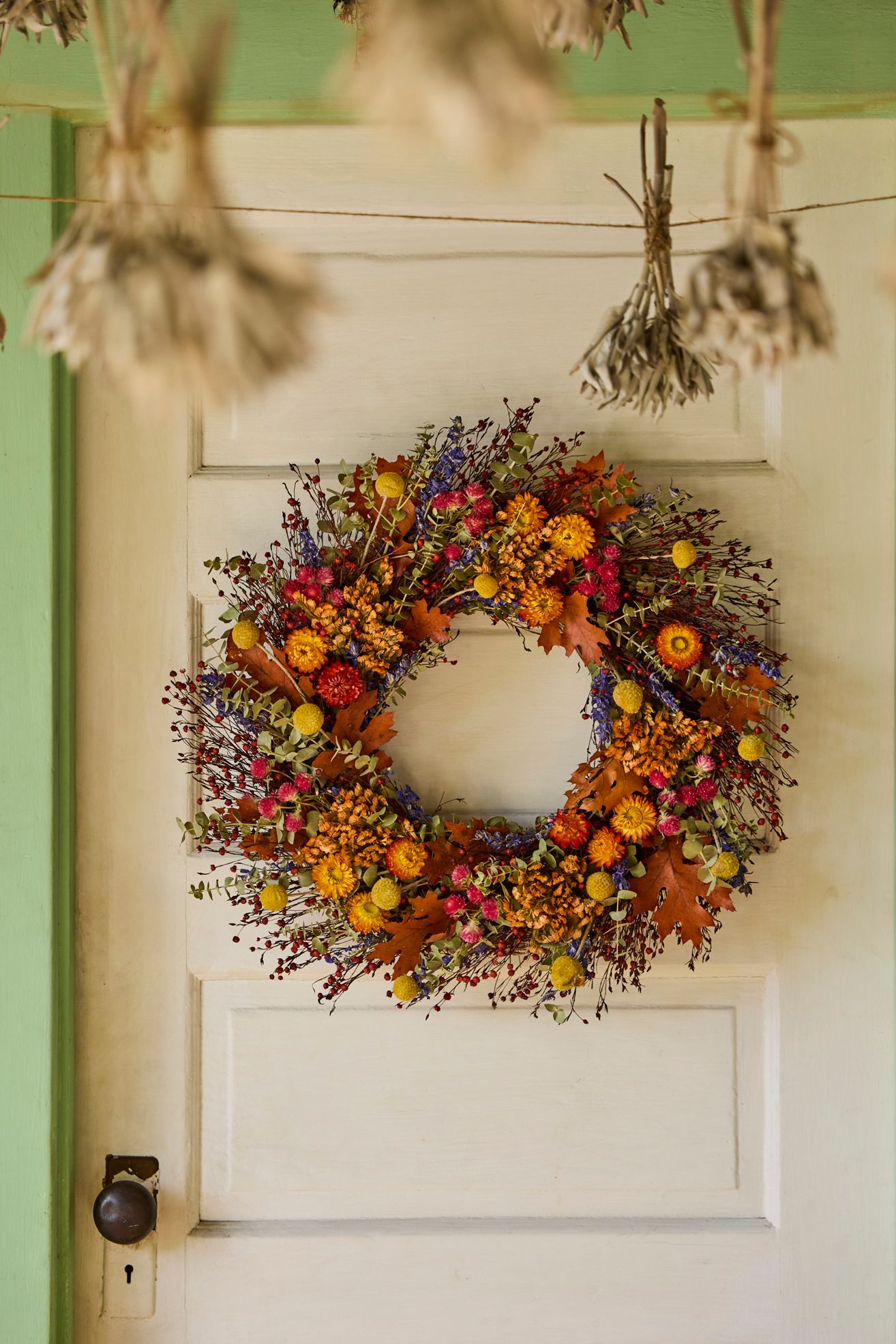 Preserved Flax, Daisy, Strawflower + Amaranthus Wreath - Multi, One Size