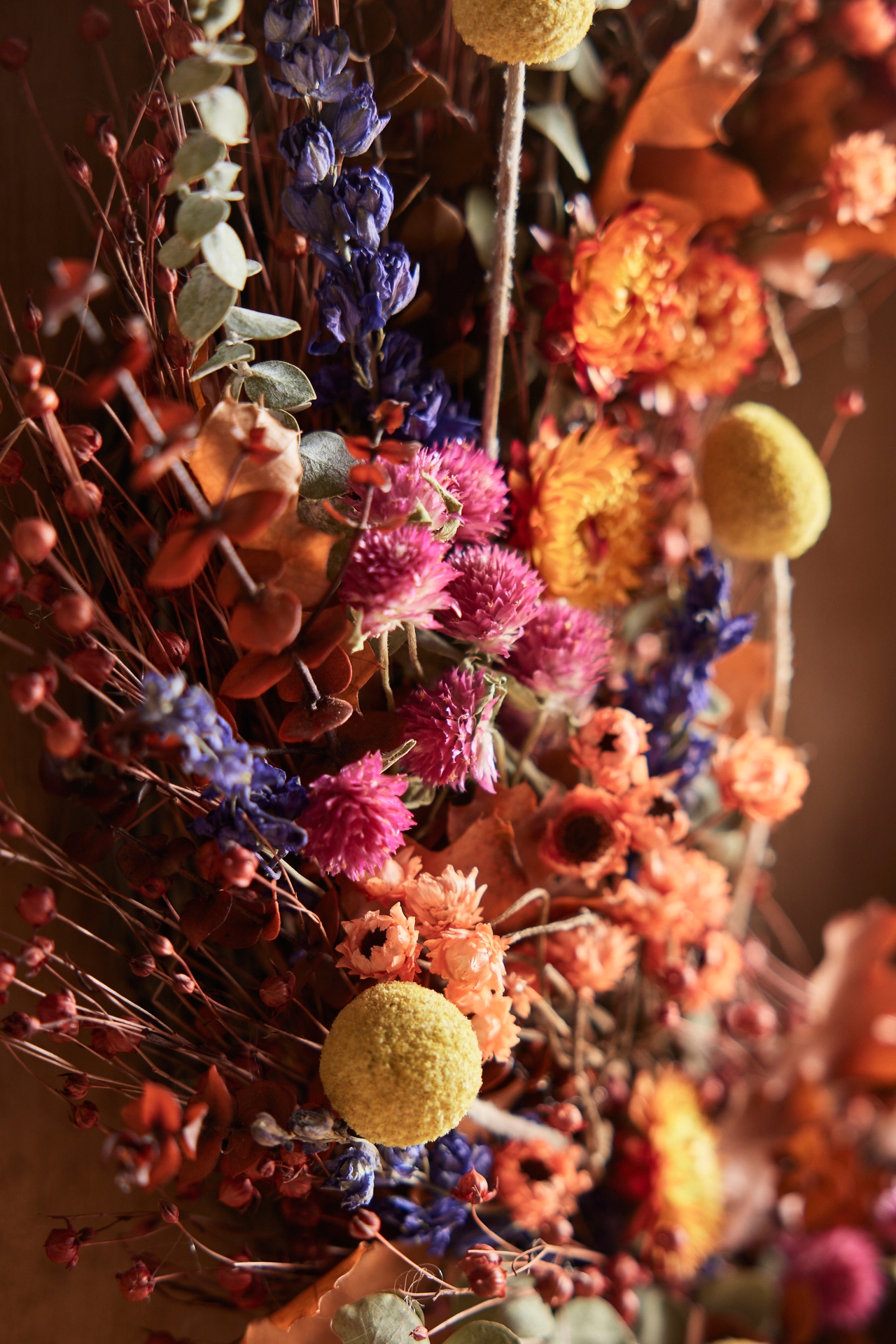 Preserved Flax, Daisy, Strawflower + Amaranthus Wreath