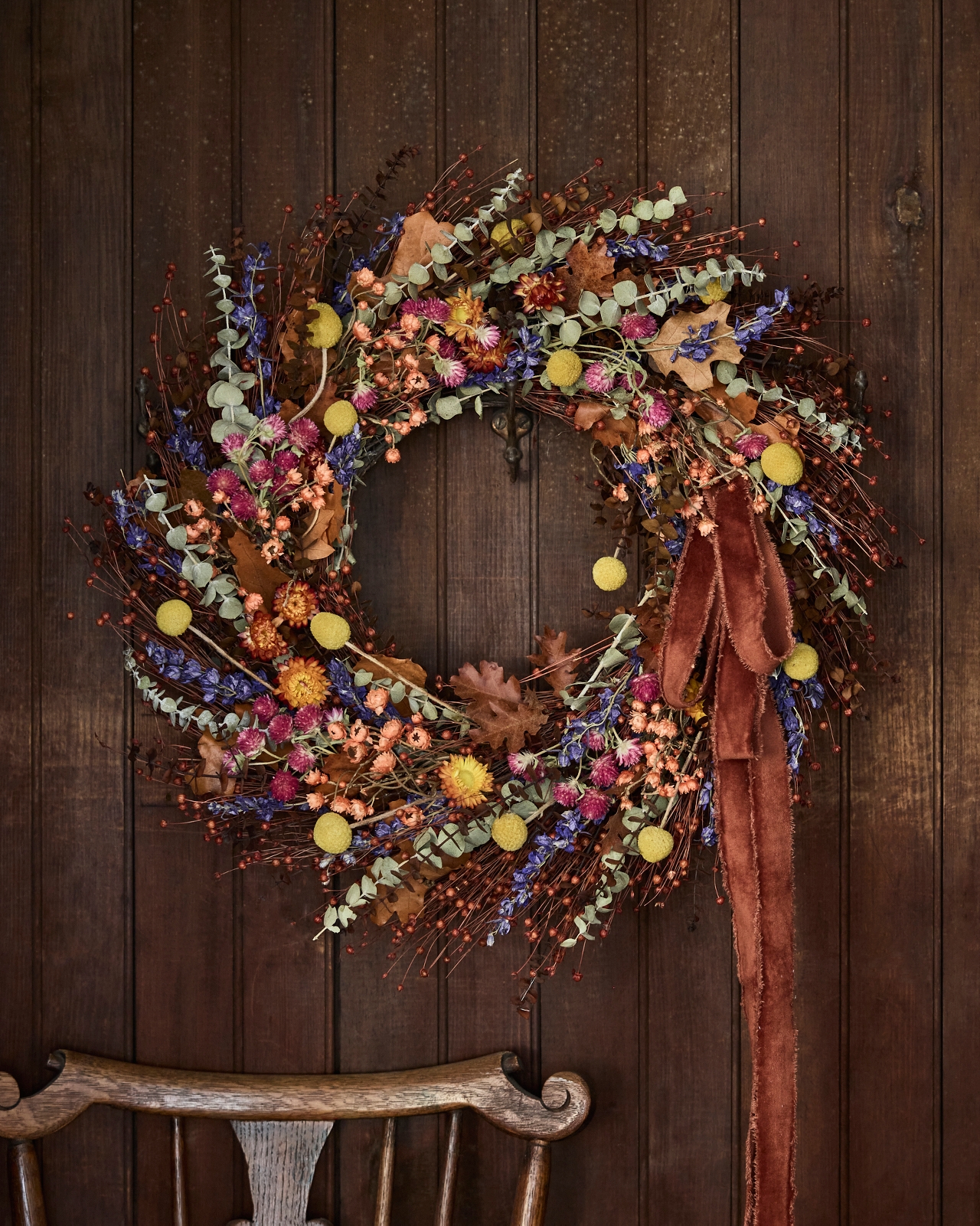 Preserved Flax, Daisy, Strawflower + Amaranthus Wreath