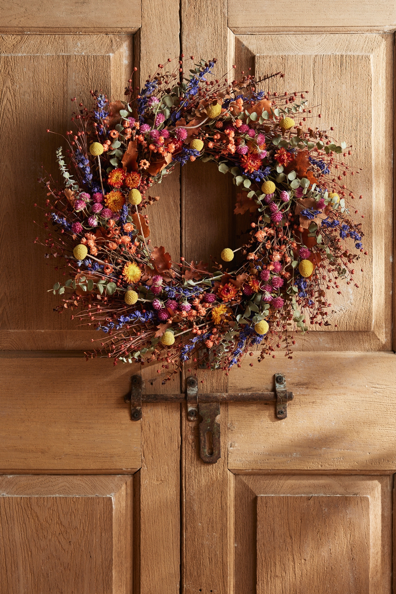 Preserved Flax, Daisy, Strawflower + Amaranthus Wreath