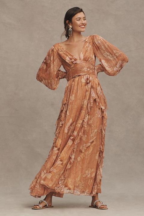 BHLDN V-Neck Long-Sleeve Printed Chiffon Gown