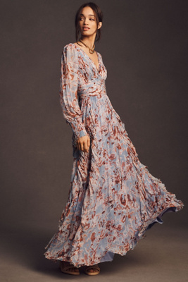 bhldn flutter-sleeve v-neck floral chiffon a-line maxi dress BHLDN Flutter-Sleeve V-Neck Floral Chiffon A-Line Maxi Dress