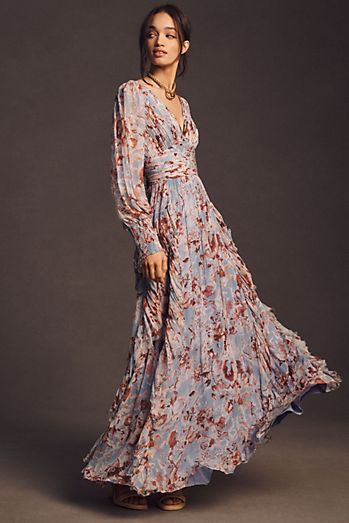 BHLDN V-Neck Long-Sleeve Printed Chiffon Gown