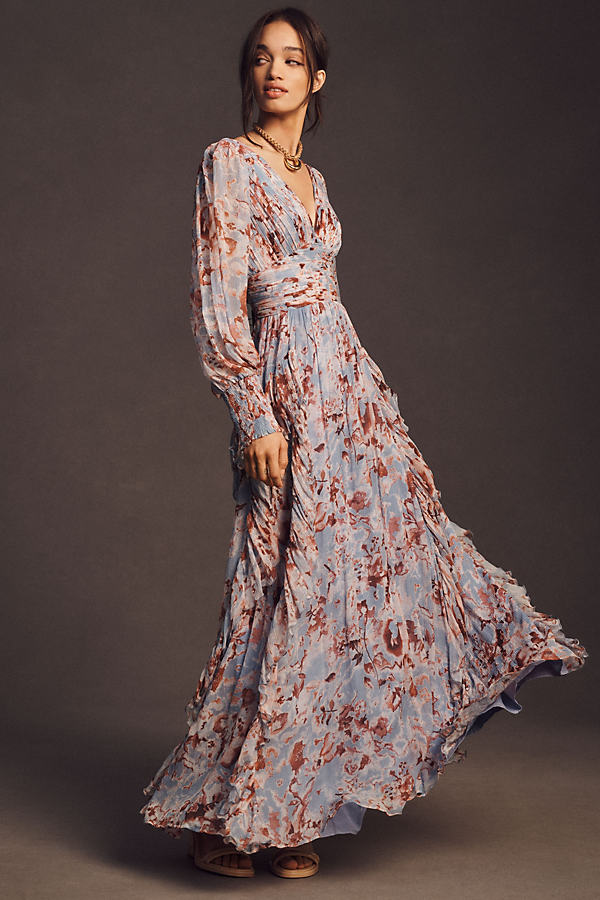 Bhldn V-neck Long-sleeve Printed Chiffon Gown In Blue