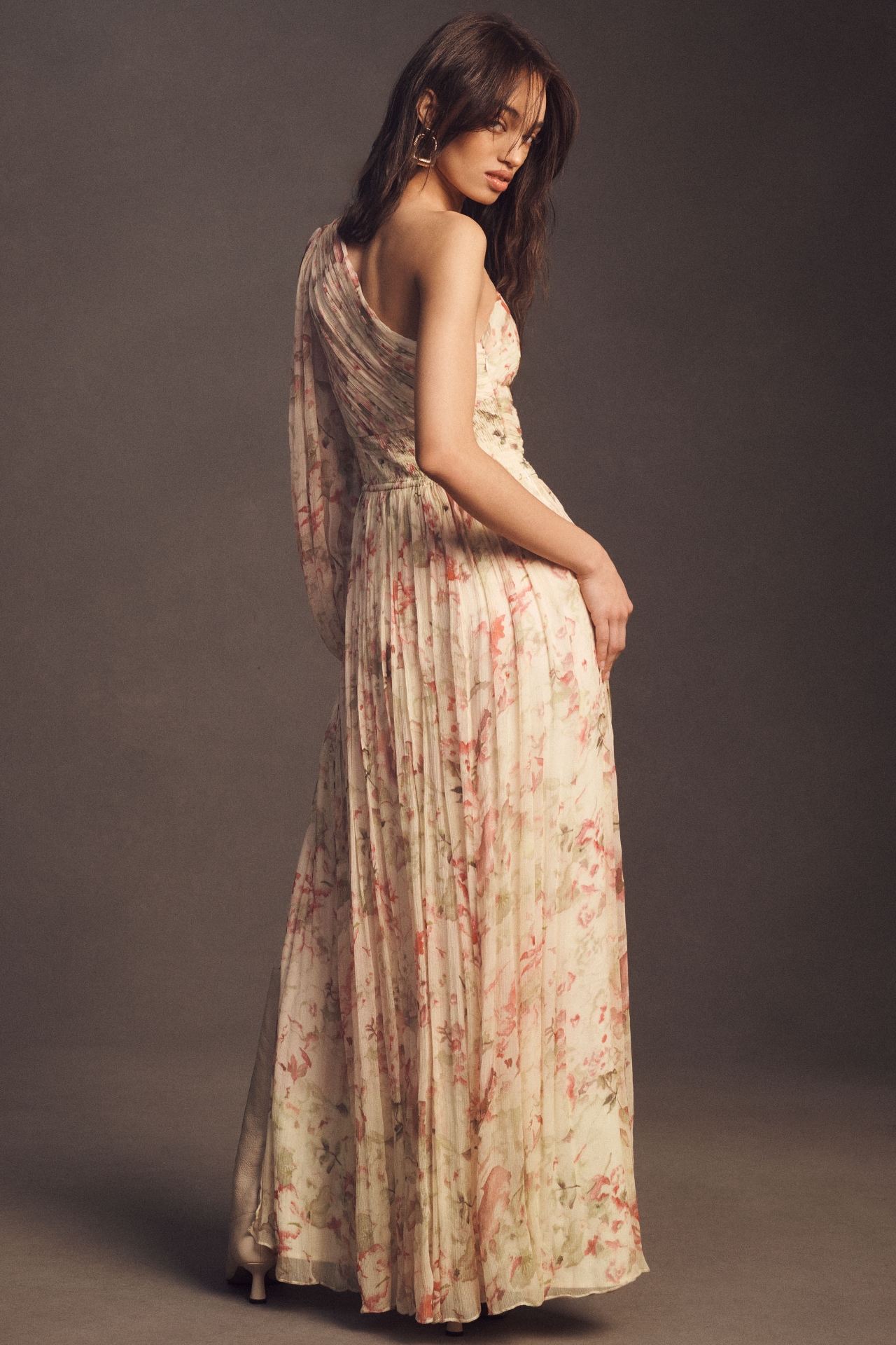 BHLDN Iris One-Shoulder Cut-Out Printed Chiffon Gown