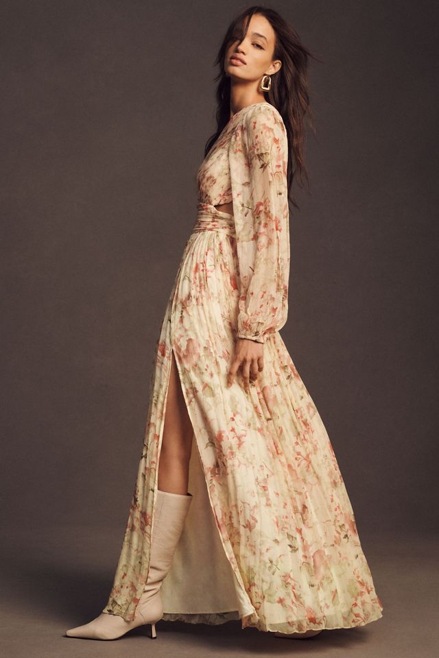 BHLDN Iris One-Shoulder Cut-Out Printed Chiffon Gown #3
