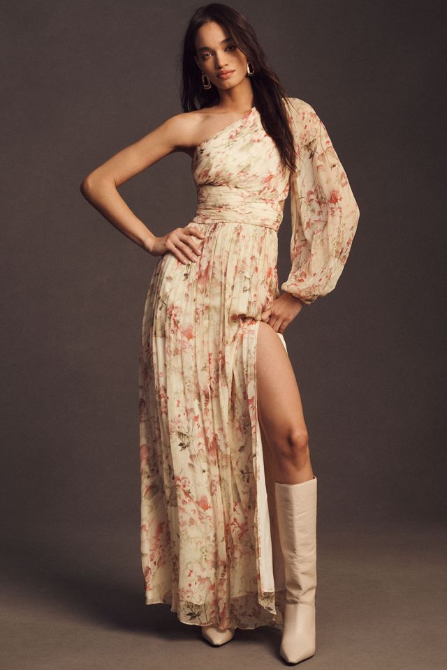 BHLDN Iris One-Shoulder Cut-Out Printed Chiffon Gown #1