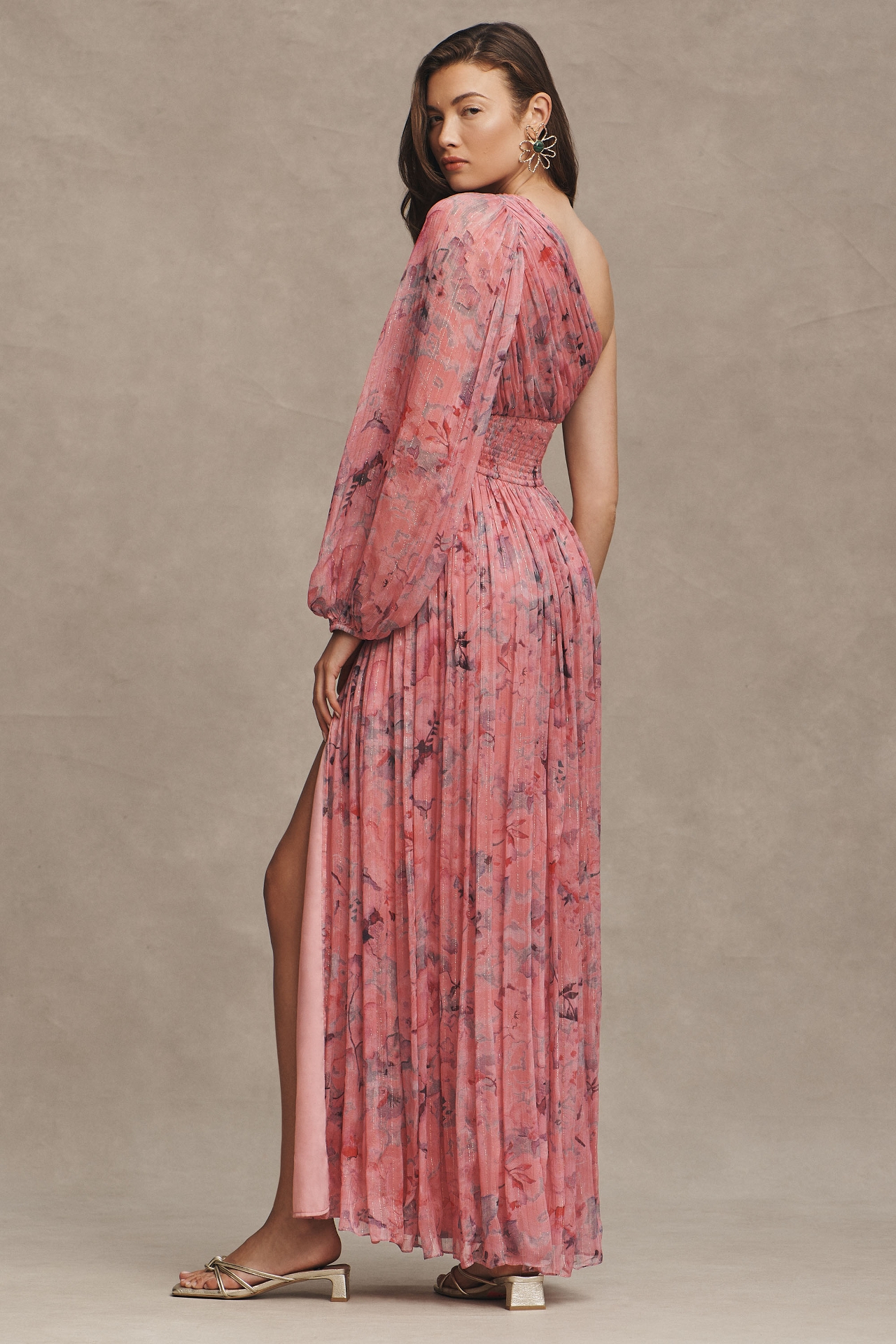 BHLDN Iris One-Shoulder Cut-Out Printed Chiffon Gown