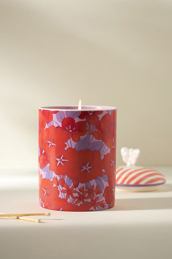 Anthropologie Lyla Floral Night Gardenia Ceramic Jar Candle In Pink