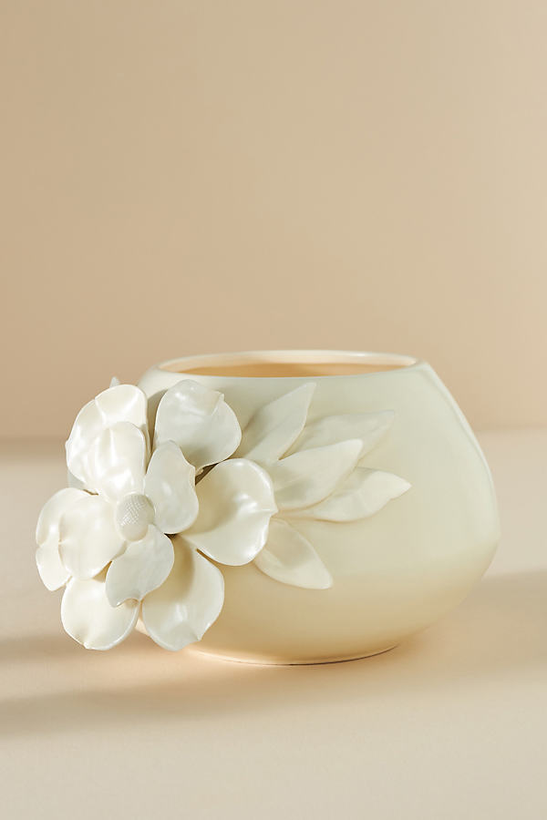 Anthropologie Anelise Floral Night Gardenia Ceramic Candle In White