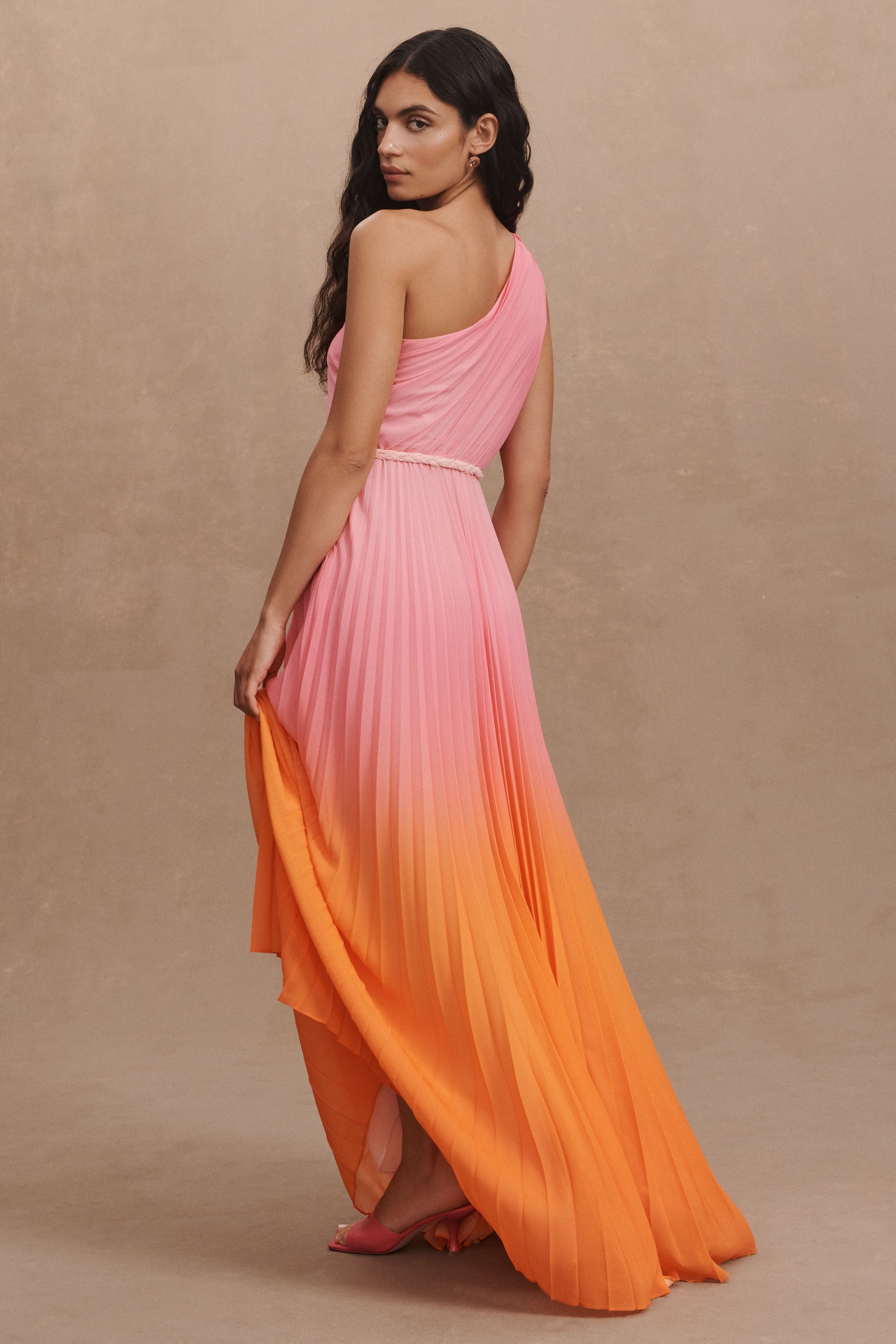 AMUR Garrett One-Shoulder Belted Pleated Chiffon Gown