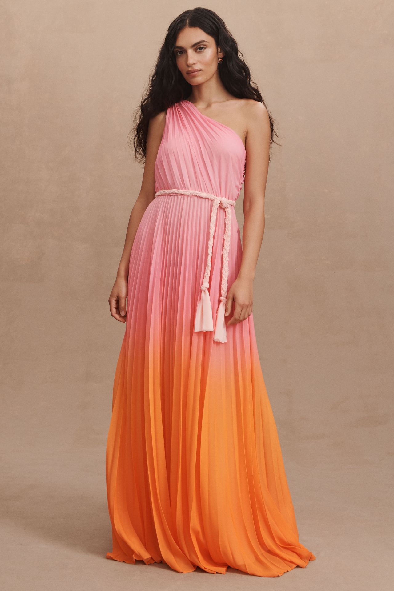 AMUR Garrett One-Shoulder Belted Pleated Chiffon Gown