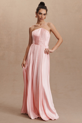 AMUR Kamari Halter Open-Back Pleated A-Line Charmeuse Gown