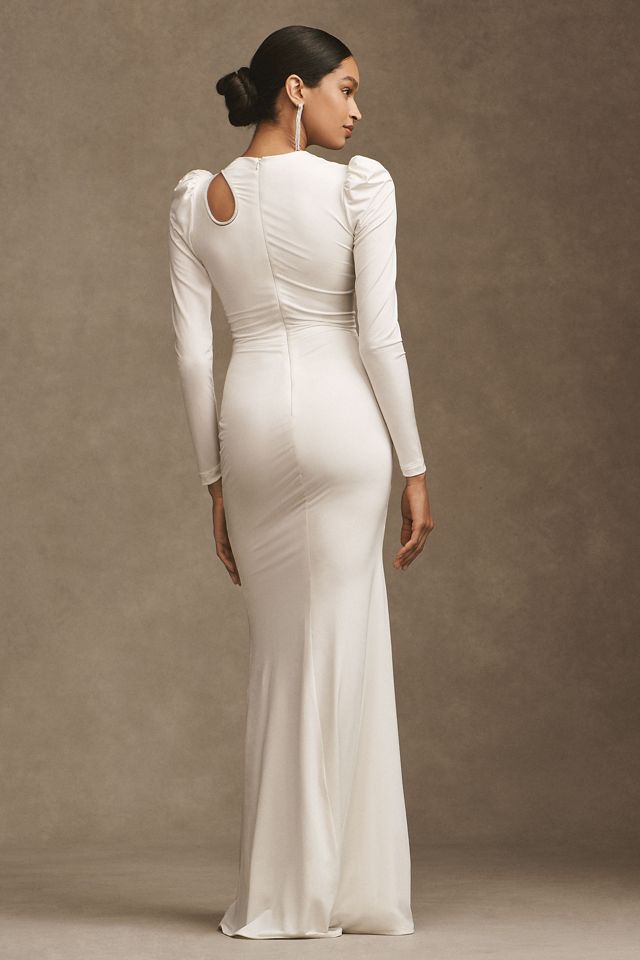 Helsi Chiara Asymmetrical Ruched Puff-Sleeve Side-Slit Gown #2