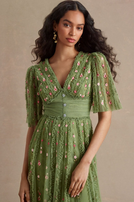 Mac Duggal Short-Sleeve Floral Ruffled V-Neck Gown
