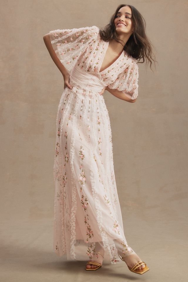 Mac Duggal Short-Sleeve Floral Ruffled V-Neck Gown #1