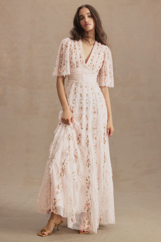 Mac Duggal Short-Sleeve Floral Ruffled V-Neck Gown #2