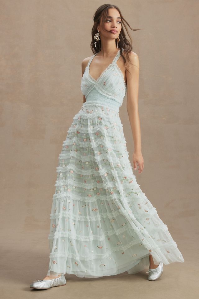 Mac Duggal Ruffled Cross-Back Smock-Waist Floral Embroidered Gown #1