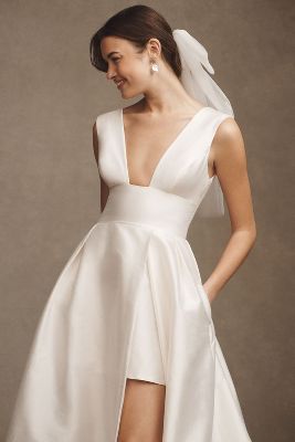 Watters Wtoo By  Sami Plunge A-line Satin Wedding Gown In White