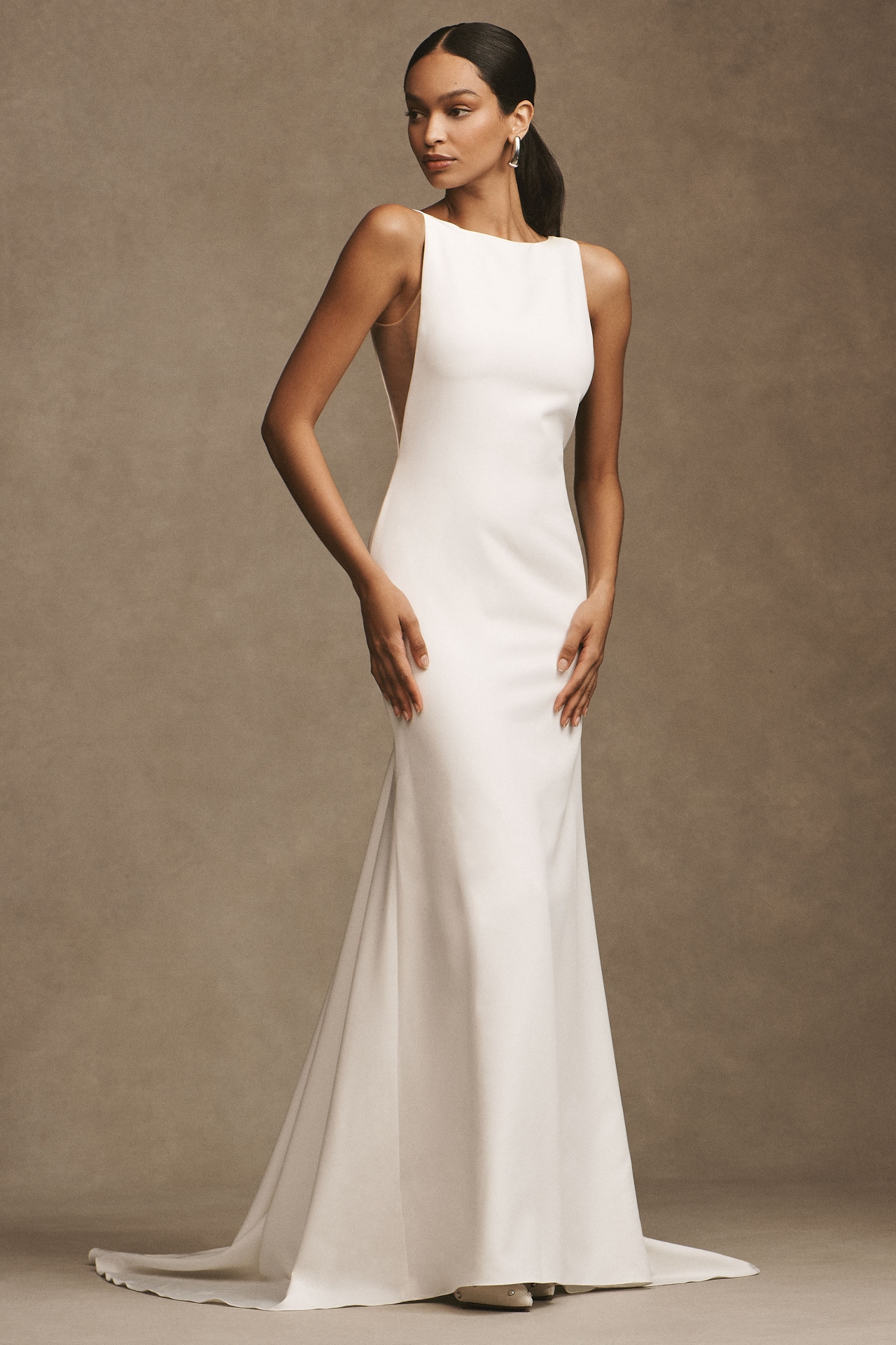 Watters Hyde Bateau-Neck Low-Back Trumpet Wedding Gown