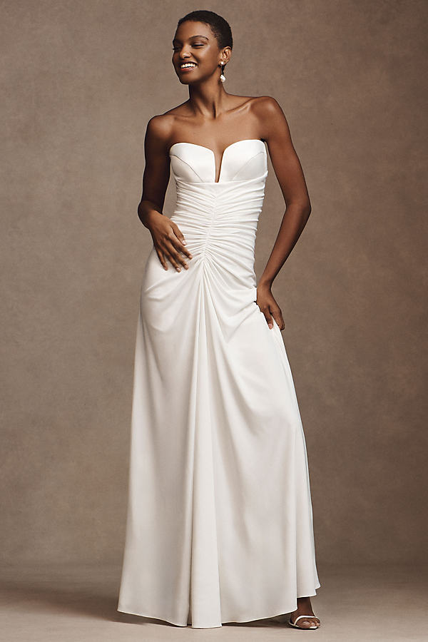 Bhldn Simone Strapless Bustier Ruched Wedding Gown In White