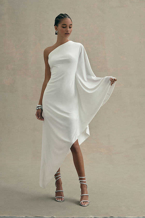 Mac Duggal One-shoulder Asymmetrical Flowy Dress In White
