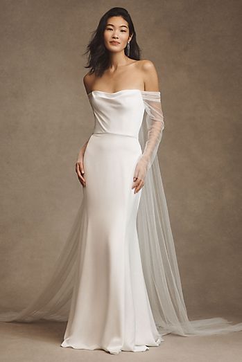 Jenny by Jenny Yoo Olivia Long-Sleeve Off-The-Shoulder Scoop-Neck Fit & Flare Gown