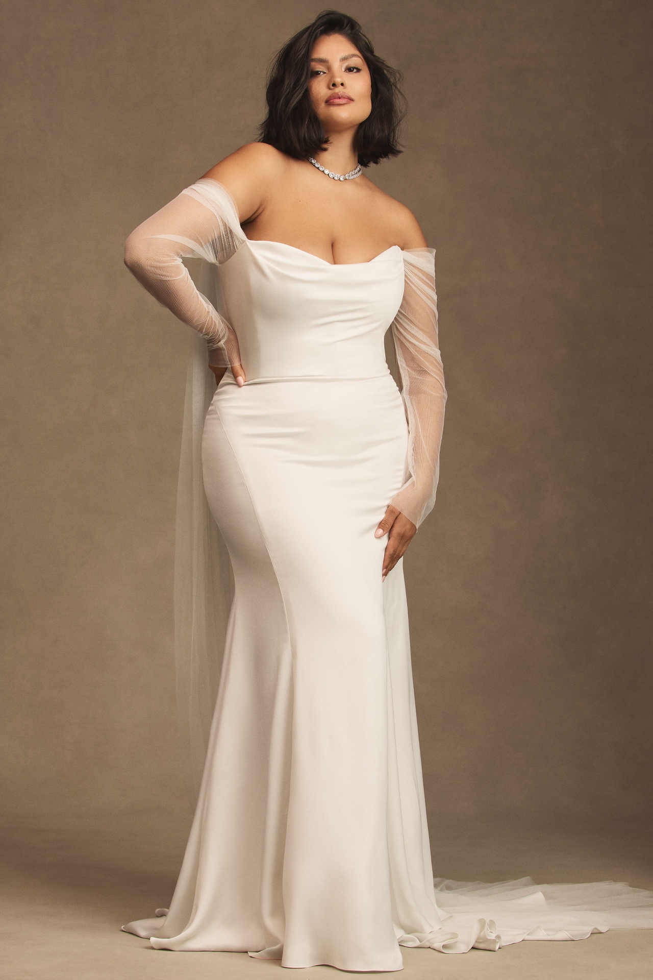 Jenny by Yoo Olivia Long-Sleeve Off-The-Shoulder Scoop-Neck Column Wedding Gown