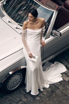 Cowl Neck Crepe Scoop Back A-Line Wedding Dress