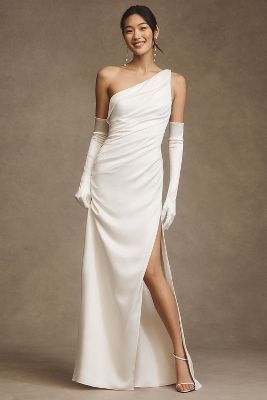 Jenny By Jenny Yoo Elora One-shoulder Ruched Satin Slip Gown In White