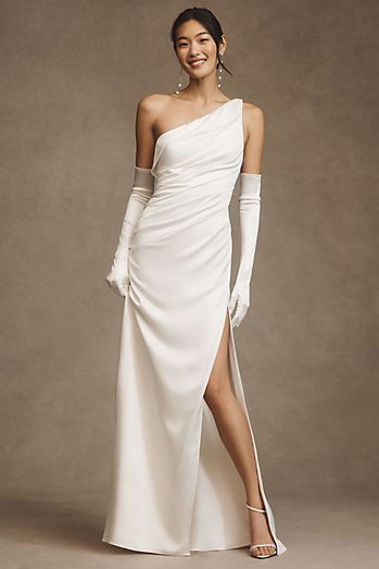 Jenny by Jenny Yoo Elora One-Shoulder Ruched Satin Slip Gown