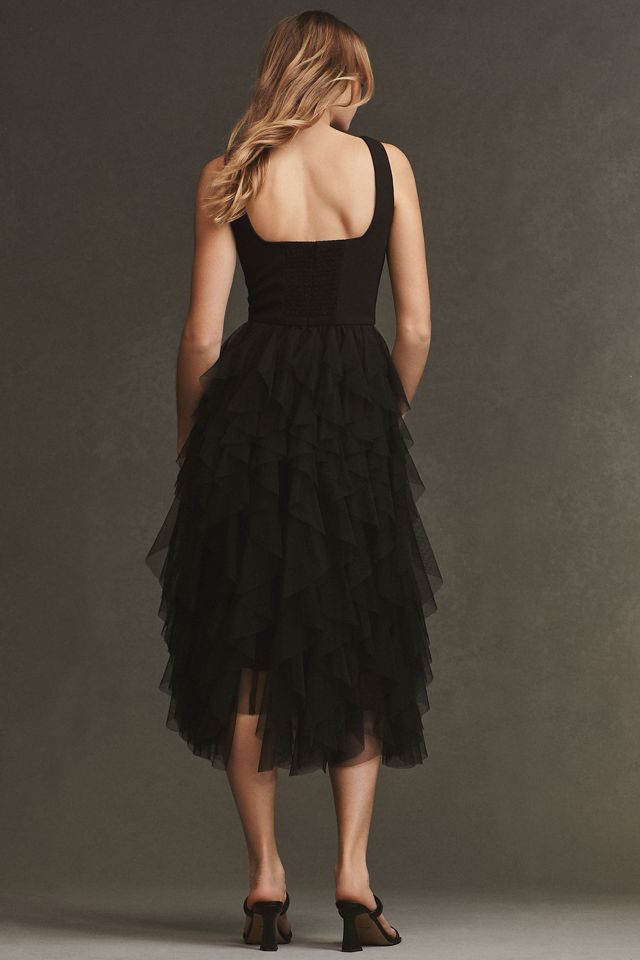 Bhldn Sleeveless Square Neck Ruffled Tulle Midi Dress Anthropologie