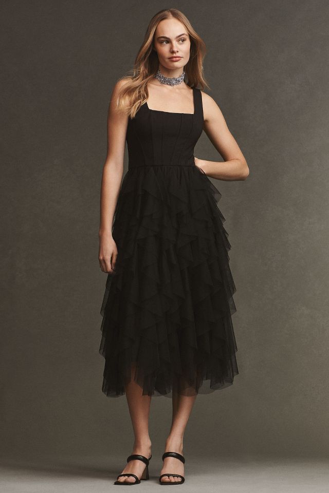Sleeveless Midi Dress With Square Neck And Tiered Skirt In Black