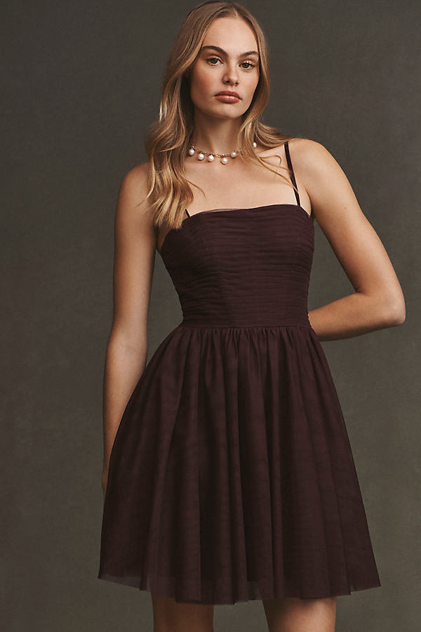 Bhldn Square-neck A-line Tulle Mini Dress In Brown