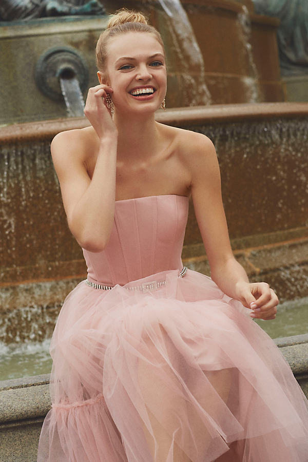 Bhldn Strapless A-line Tulle Midi Dress In Pink