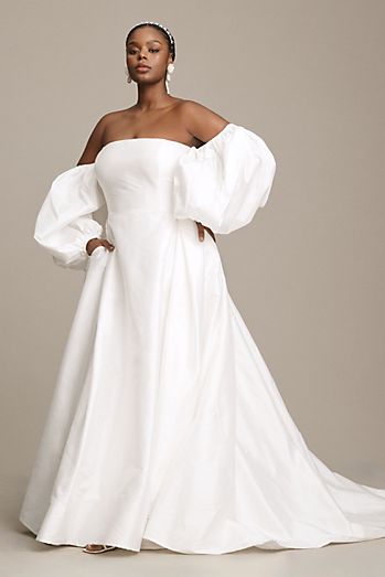 Watters Millie Off-The-Shoulder Removable Puff-Sleeve A-Line Wedding Gown