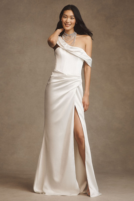 Watters Garance Off-Shoulder Satin Sheath Wedding Gown