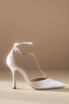 Shop Badgley Mischka Zayna Crystal-embellished T-strap Heels In White