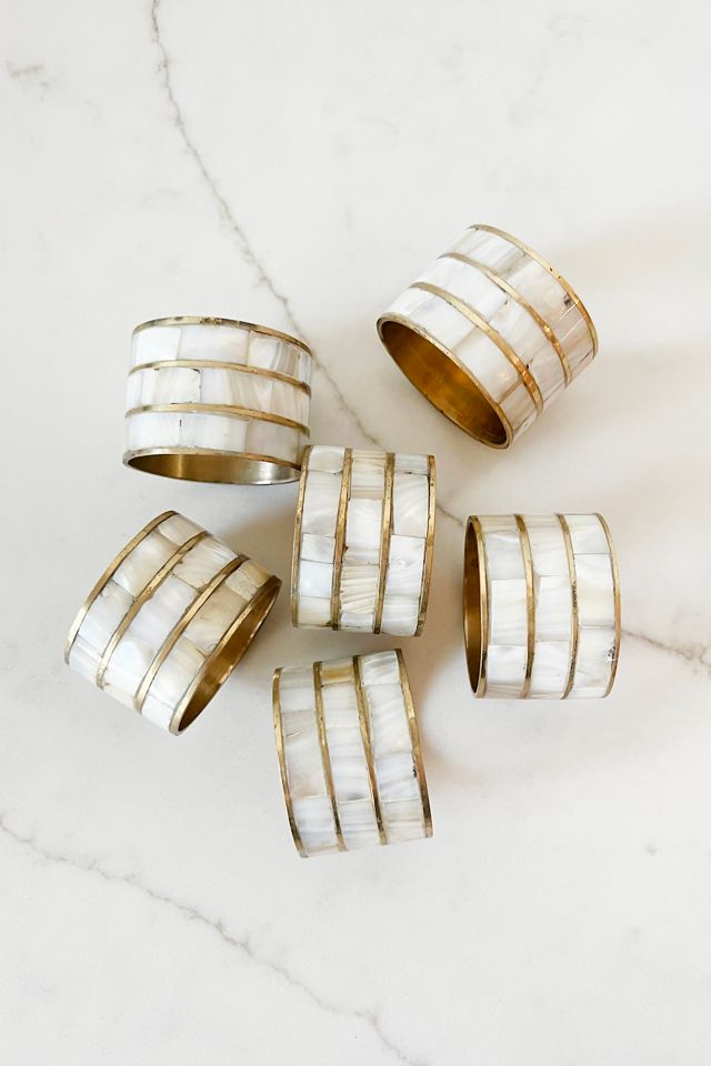 Old Flame Candle Co. Vintage Brass + Mother of Pearl Napkin Rings, Set of 6 #1