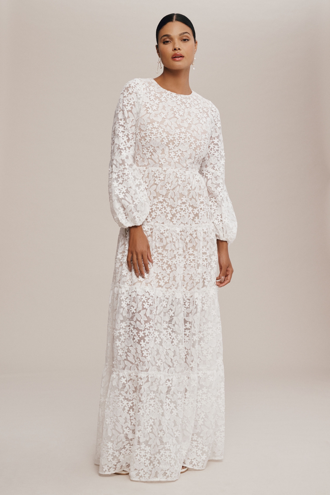 Dress The Population Lyra Puff-Sleeve Tiered Embroidered Gown