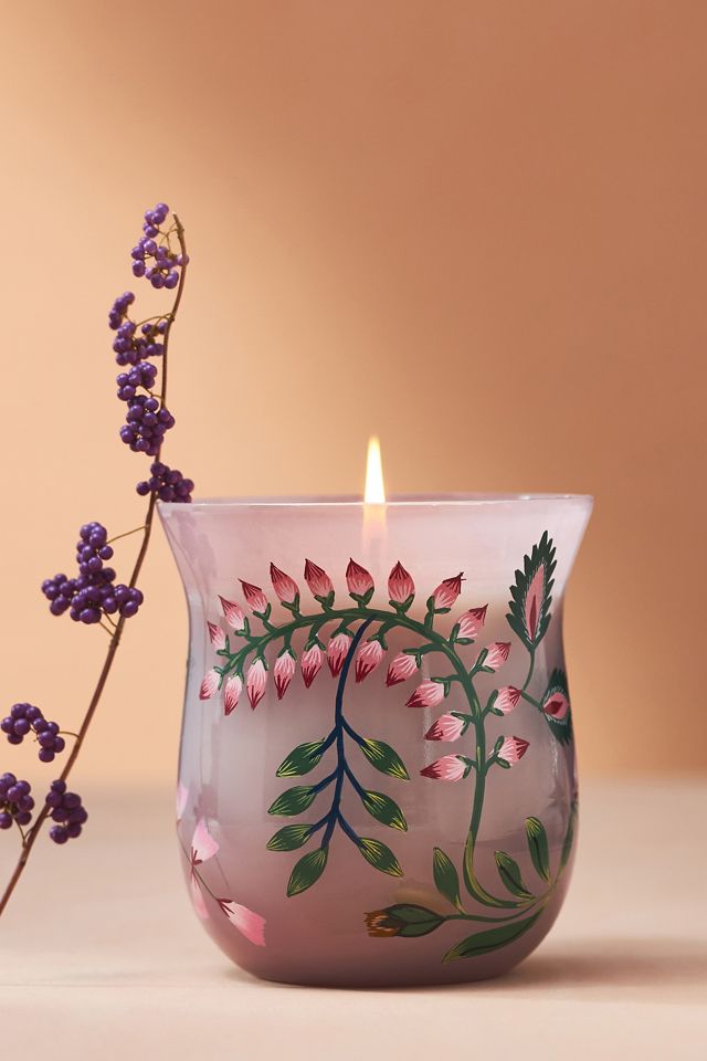 Saraban Floral Sol Tobac Handpainted Glass Candle | AnthroHome