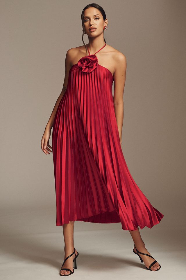 delphi collective giselle halter pleated satin dress Delfi Collective Giselle Pleated Halter Midi Dress