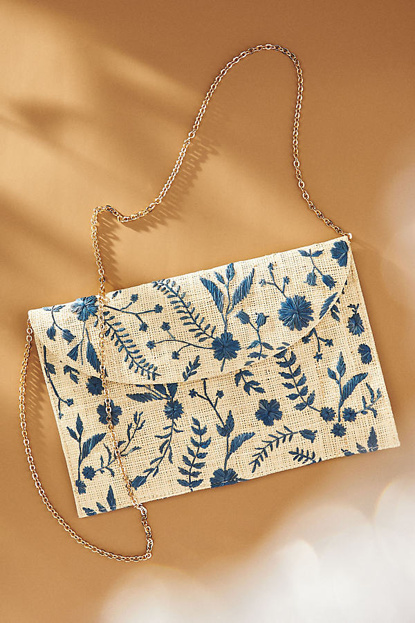 Kayu Tara Embroidered Straw Envelope Clutch Bag In Blue