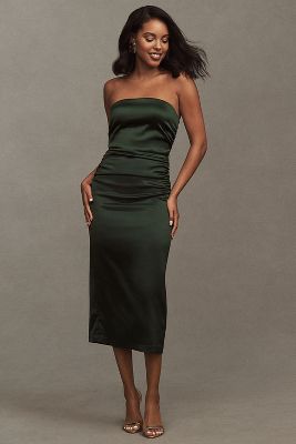 Bhldn Selena Strapless Stretch Satin Midi Dress In Green ModeSens