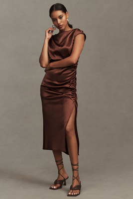 Shop Bhldn Francesca High-neck Stretch Satin Midi Dress In Brown