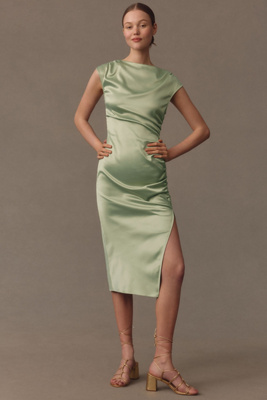 Shop Bhldn Francesca High-neck Stretch Satin Midi Dress In Green