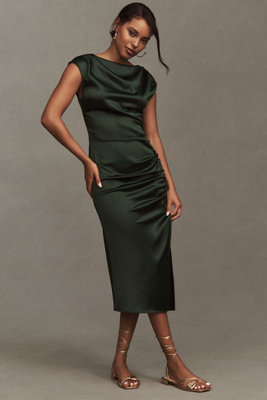 Bhldn Francesca High-neck Stretch Satin Midi Dress In Green