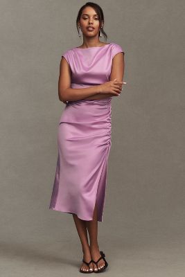 Bhldn Francesca High-neck Stretch Satin Midi Dress In Pink